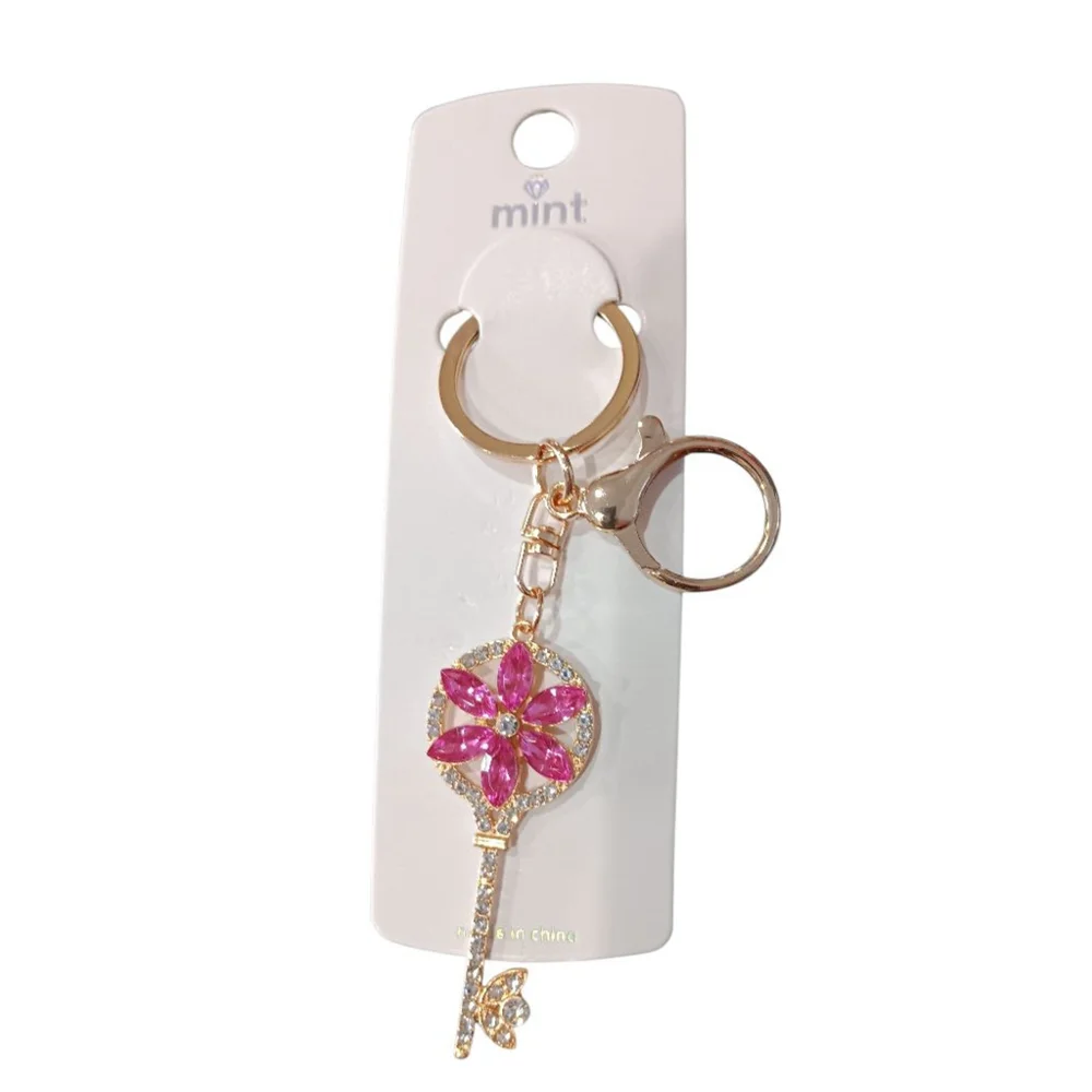 Floral Rhinestone Skeleton Key Keychain Purse Charm with Pink Flower